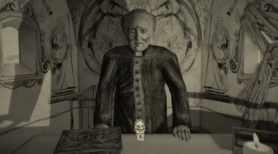 Ein Screenshot aus Mundaun. Zu sehen ist ein Priester, der am Altar einer Kapelle steht